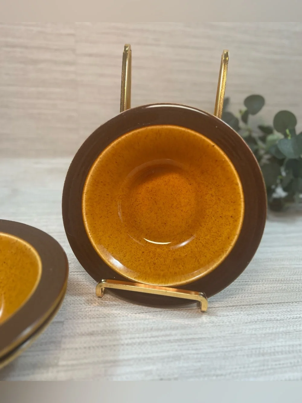Vintage 1970s Stoneware Bowls Set of 3 Harvest Gold Brown Speckled MCM